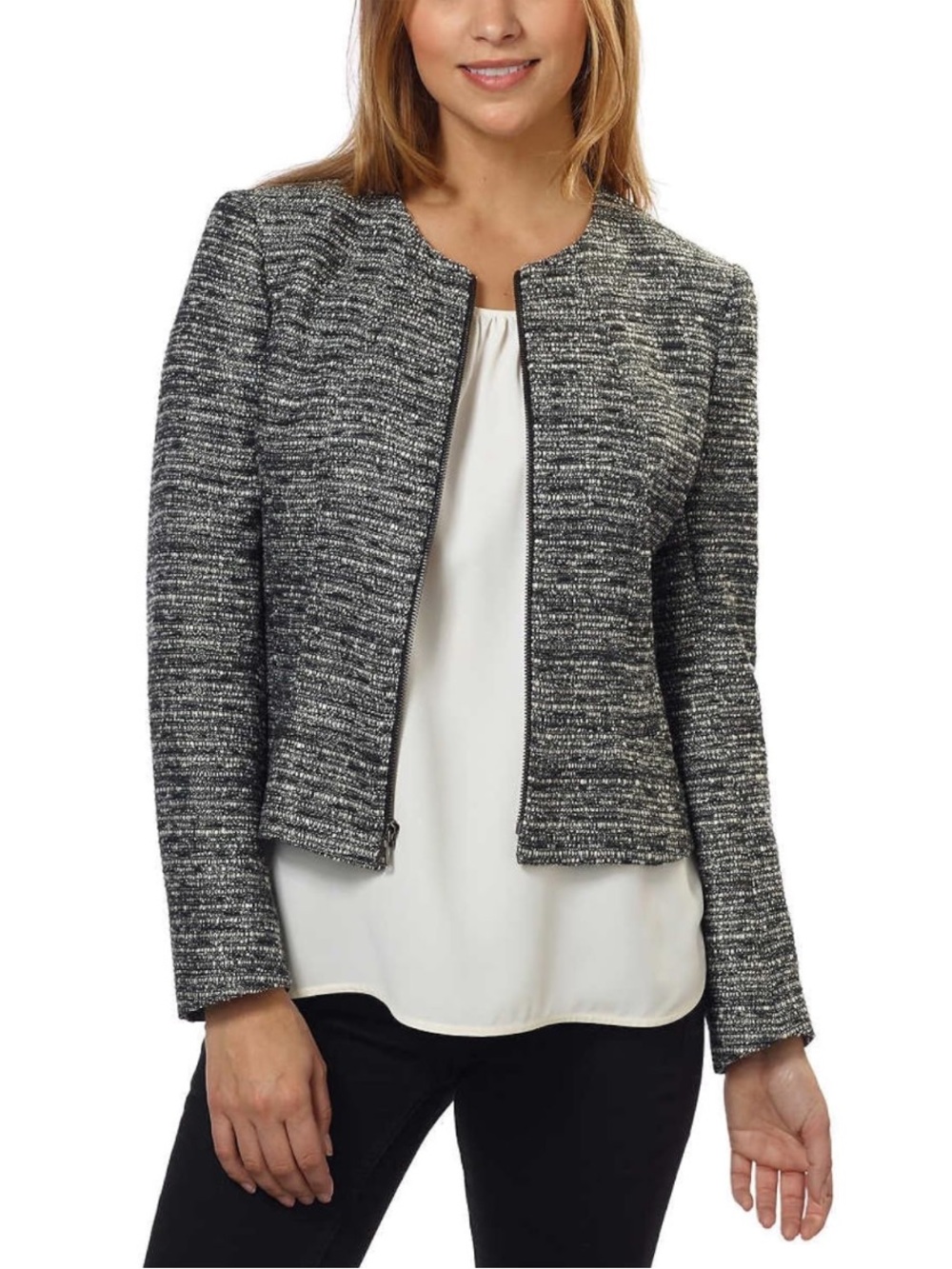 Anne Klein Zip-Front Tweed Jacket